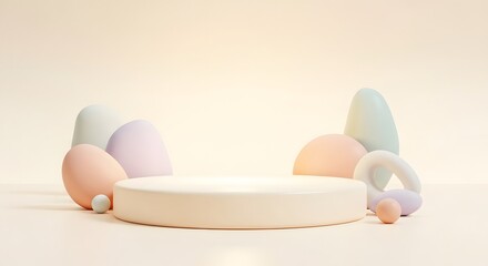 Fototapeta premium Pastel Color Product Display Podium With Abstract Shapes on Soft Cream Background for Cosmetic Presentation and Advertising Mockup