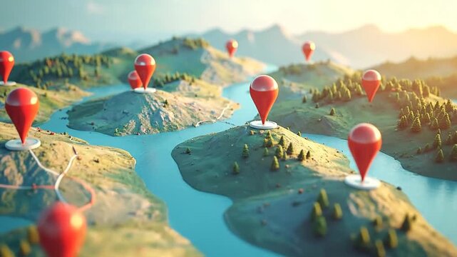 Conceptual 3D illustration of a stylized map with multiple red location pins marking points of interest on winding rivers and rolling hills, depicting navigation and exploration