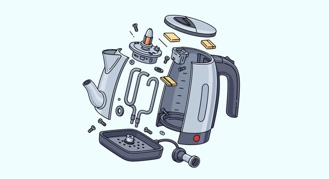 Exploded View of an Electric Kettle Illustration.