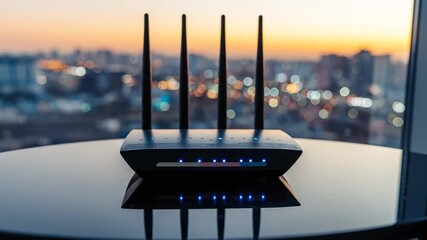 Wireless internet router with glowing blue lights and four antennas silhouetted against a beautiful urban sunset, representing modern home networking and connectivity - Powered by Adobe
