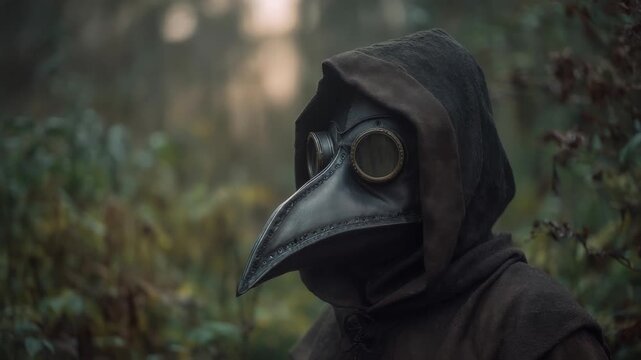 Mysterious Figure in Plague Doctor Mask Standing in a Dim Forest