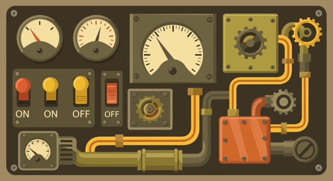 Steampunk Control Panel with Gauges Switches and Pipes.
