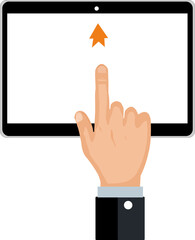 hand pointing at tablet screen with orange arrow, concept of touch and technology