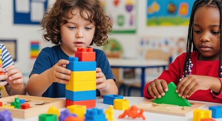 Naklejka premium Engaged Pre-K Children Learning Through Play – Colorful blocks and puzzles at school environment