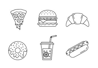 Black and White Line Art of Popular Fast Foods - Pizza, Burger, and More