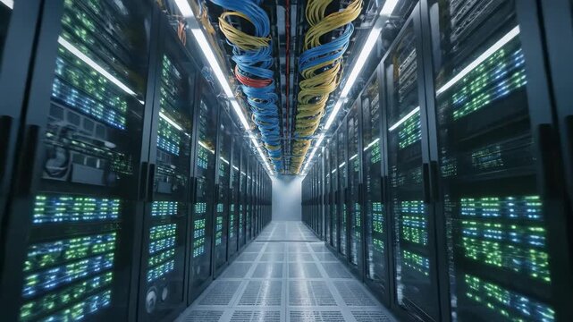 Inside View of Modern Data Center With Running Servers