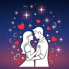 Romantic Couple Embracing Under a Starry Night Sky Filled with Hearts.