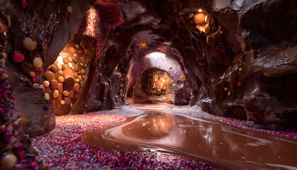 Chocolate and caramel creating an immersive fantasy cave filled with vibrant sugar crystals and a gooey, sweet liquid pool, symbolizing indulgence and confectionery dreams