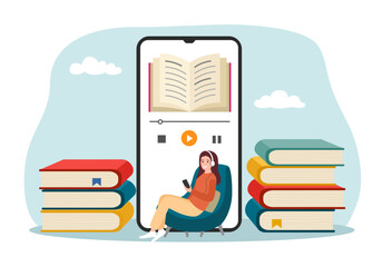 Cute girl sitting in headphones and holding a phone and listening to an audiobook.