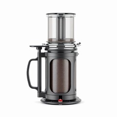 Modern manual coffee maker with glass chamber and dark metallic body isolated on white background