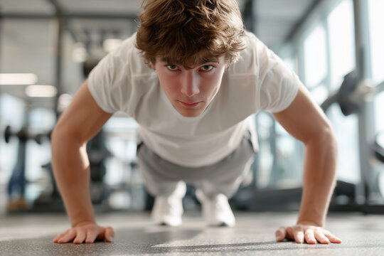 A teenage boy is training his core muscles at the gym. A young athlete is doing a plank exercise. Concept of fitness, healthy lifestyle, physical education