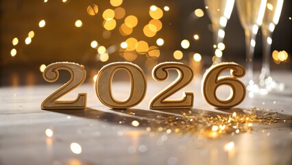 Celebrate 2026 New Year with sparkling golden details and champagne flutes for a festive and modern feel, perfect for greeting cards and event invites