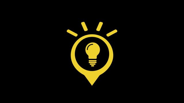 Animation of a yellow lightbulb icon in a map pin shape, growing and shrinking on a black background. Symbolizes ideas, innovation, and location based services, indonesia, 14 november 2025.