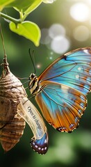 Vibrant Blue and Orange Butterfly Emerging from Chrysalis in Lush Green Environment.
