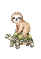 Naklejka premium A Sloth Riding on a Turtle Cartoon - A cute cartoon of a sloth riding on a turtle. It symbolizes friendship, trust, teamwork, support, and harmony