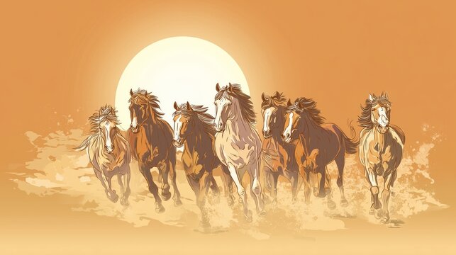Seven powerful horses run through water under a bright sun, perfect for a vastu photo frame bringing good fortune and positive energy.