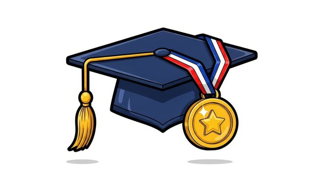Academic Achievement with Graduation Cap and Medal - Graduation cap and gold medal symbolizing success, achievement, recognition, celebration, and education