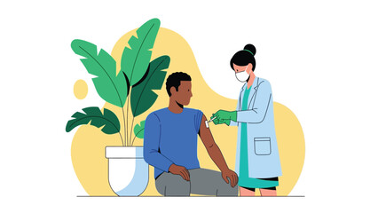 Fototapeta premium Medical Vaccination Concept Vector Illustration. Female Doctor Injecting Vaccine Shot into Patient's Arm in Clinic Setting