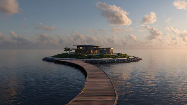 Modern island residence with curved wooden walkway over calm ocean waters image