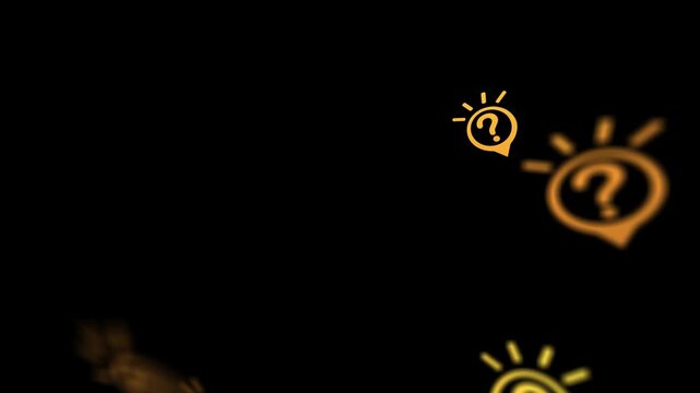 Golden icons of question mark inside lightbulb shaped map pointers floating and rotating on a black backdrop, symbolizing ideas, solutions, and problem solving in a dynamic visual.