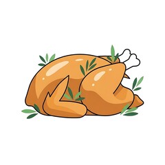 Roasted Turkey Illustration with Herbs, Thanksgiving Feast, Holiday Dinner.