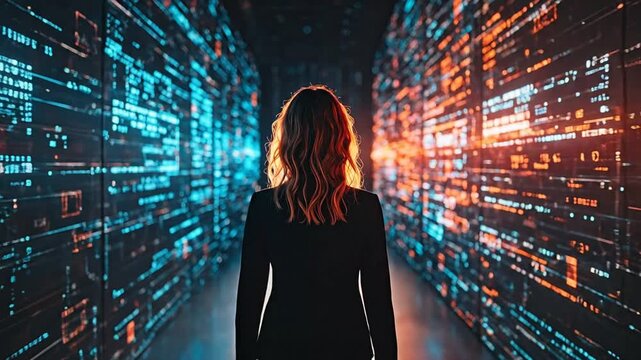 Woman standing in a futuristic digital corridor with glowing data streams on both sides, representing technology and information flow