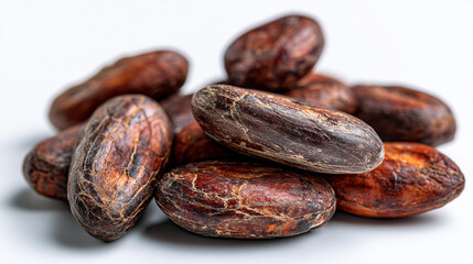 Obraz premium A close up studio shot of a pile of dried cocoa beans on a white surface