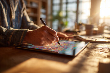 Sunlit artist creating a vibrant digital illustration on a tablet with a stylus — close-up of hand, creative workspace and focused process