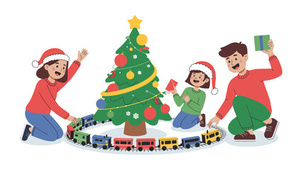 Festive Family: A family surrounds a Christmas tree with excitement, sharing gifts and creating a cheerful atmosphere. 