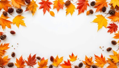 Autumnal Array: Bright Maple Leaves and Pine Cones Frame White Space