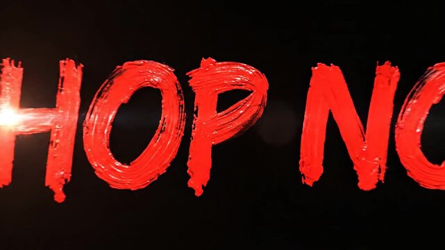 Bold Red Brushstroke Text Shop Now on Black Background with Lens Flare and Glowing Light