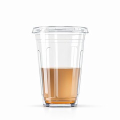 Clear plastic disposable cup with a lid, partially filled with an ambercolored beverage, isolated on white background