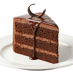 Decadent Slice of Chocolate Layer Cake Drizzled with Rich Ganache and Garnished with Chocolate Swirl on a White Plate Isolated on a Black Background with Subtle Reflections