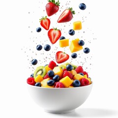 Fresh fruit salad ingredients including strawberries, blueberries, mango, and kiwi falling into a white bowl, isolated on white background