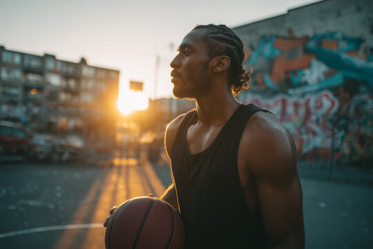 Sunset Streetball Portrait — Determined Basketball Player Holding Ball on Urban Graffiti Court, Golden Hour Silhouette Showing Strength and Focus