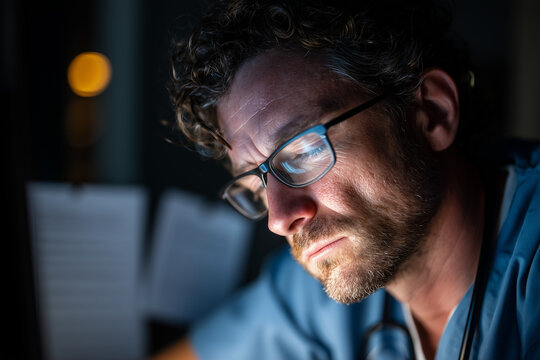 Late-night physician close-up: a tired doctor in scrubs with glasses reflecting a computer screen, portraying exhaustion, focus and dedication