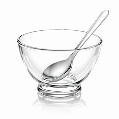 Clear glass dessert bowl with a small silver spoon resting inside, isolated on white background