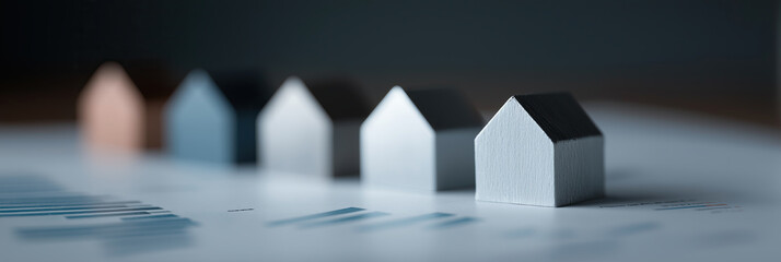 Wooden house models arranged in sequential row displaying architectural property investment concept.
