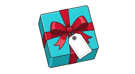 Festive Blue Gift Box with Red Ribbon and Blank Tag.
