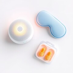 Overhead view of a white sound machine, a light blue contoured sleep mask, and a pair of yellow earplugs on a white background, isolated on white background