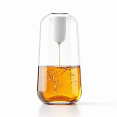 Modern glass oil dispenser with a clear reservoir containing amber liquid dripping from a white internal mechanism, isolated on white background