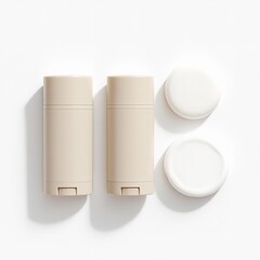Two beige deodorant stick containers with their white caps placed beside them on a bright white background, isolated on white background