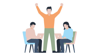 Team success celebration: Leader standing with arms raised while two employees work on laptops, flat vector illustration.