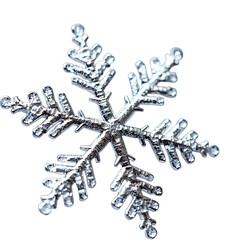 Delicate ice crystal snowflake macro photography against black background with sparkling details and intricate frosty patterns captured in soft light