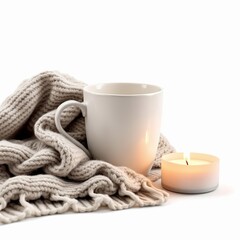 Cozy white ceramic mug resting on a soft, chunky knit beige scarf next to a glowing tea light candle, isolated on white background