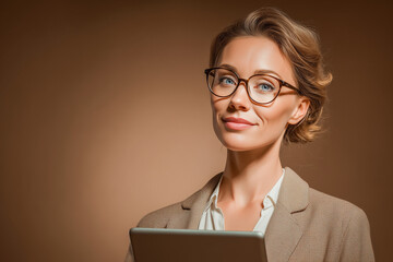 Confident professional woman in glasses holding a tablet, smiling with poise — modern business leader portrait exuding competence and warmth