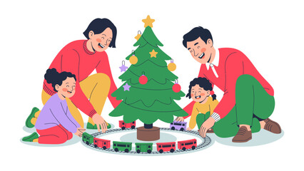 Joyful Christmas Family: A family unit surrounds a beautifully adorned Christmas tree, their faces beaming with delight as they prepare for the festivities of the holiday season.