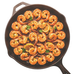 Delicious Platter of Perfectly Cooked Shrimp Seasoned with Spices and Lemon Slices Arranged in a Cast Iron Skillet Isolated on a White Background