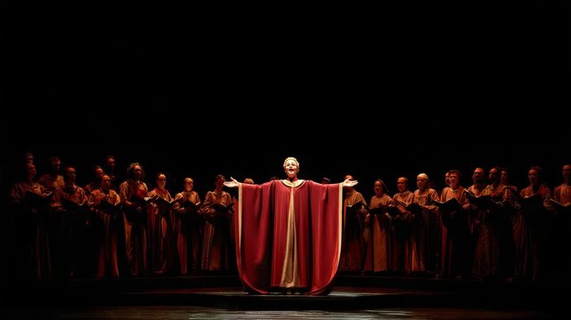 Opera singer performs with choir on stage in dramatic lighting