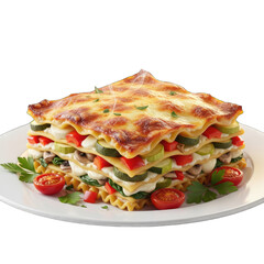 Delicious layered vegetable lasagna with melted cheese topping and fresh parsley garnish served on a white plate isolated on a black background with soft lighting